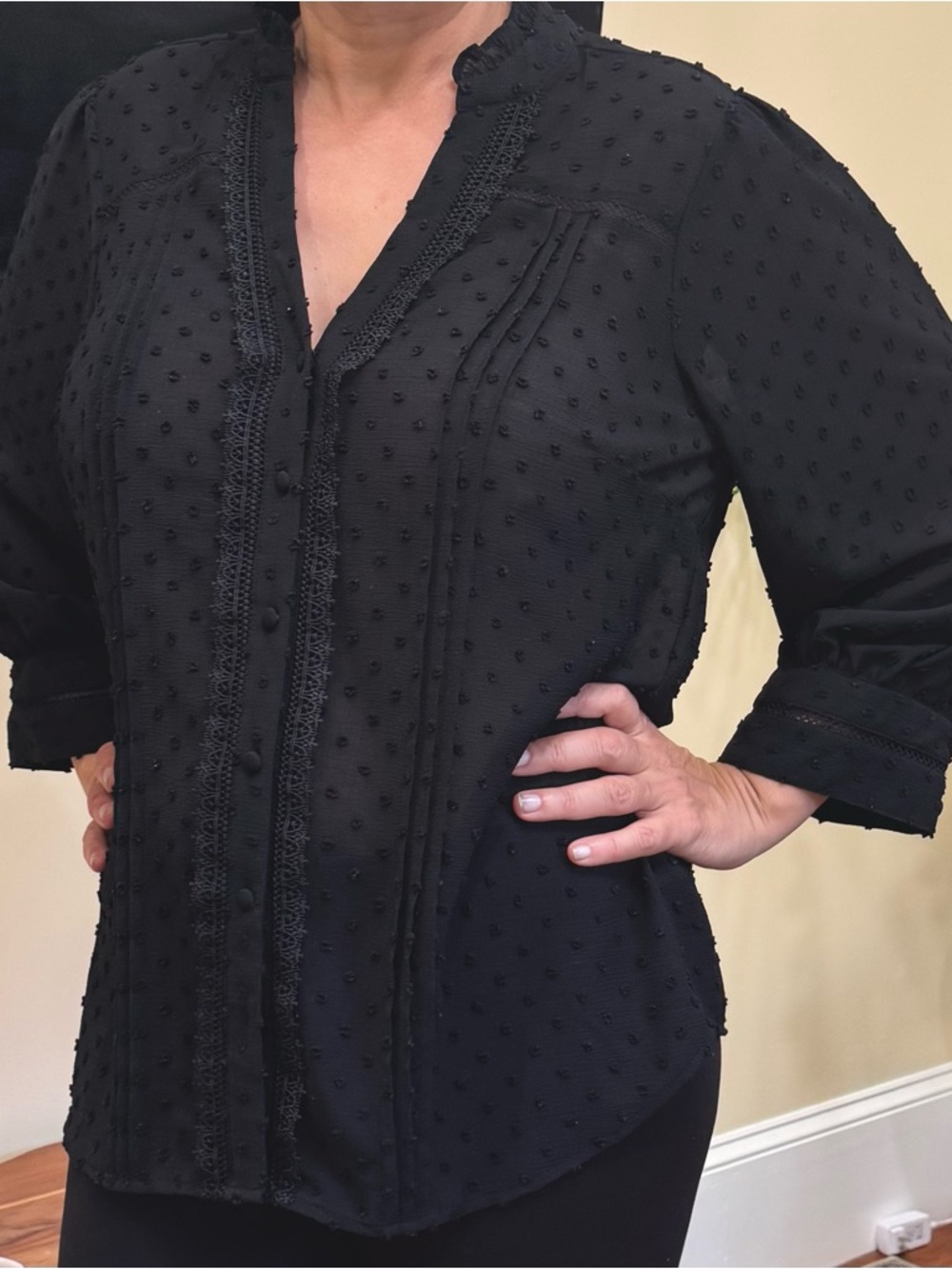 Love Black Sheer Swiss Dot Button-Front Blouse